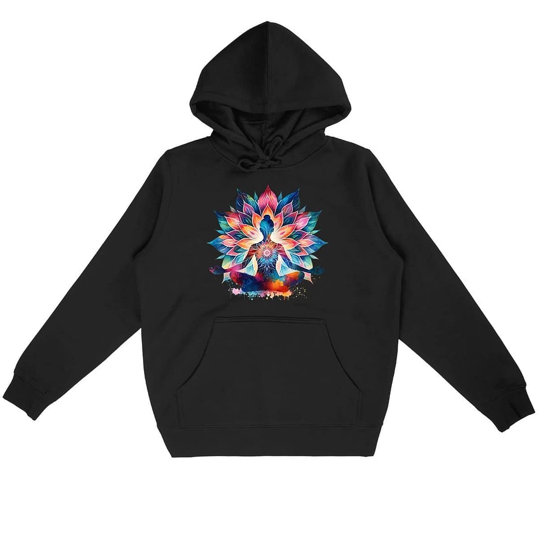 Sweat à capuche Unisexe Premium Bio – Femme en méditation avec Fleur de Lotus 2 Sweat à capuche Unisexe Premium Bio – Femme en méditation avec Fleur de Lotus