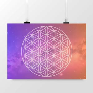 Affiche avec Fleur de vie sur le fond étoilé