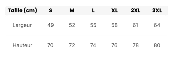 T-shirt Homme Manches Longues en Coton Bio Premium – Fleur de vie 4 tableau des tailles t-shirt homme manches longues